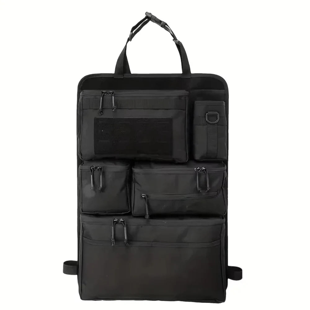 Black zipped seat back organiser laid flat, showing four zipped pouches and the side bottle sleeve