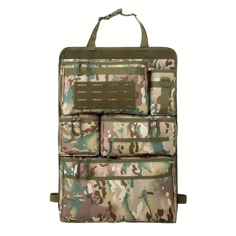 CP camo zipped seat back organiser laid flat, showing four zipped pouches and the side bottle sleeve