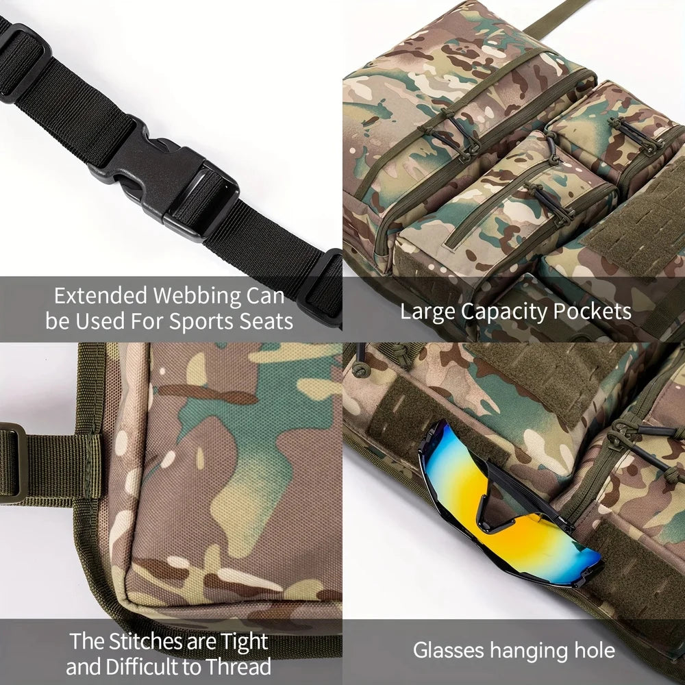 Four close-ups: the extended mounting webbing and buckle, the pouches, the stitching and sunglasses hung through a pouch opening