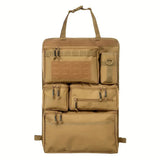 Tan zipped seat back organiser laid flat, showing four zipped pouches and the side bottle sleeve