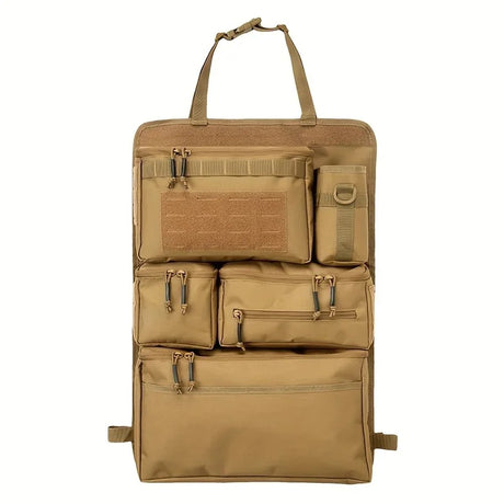 Tan zipped seat back organiser laid flat, showing four zipped pouches and the side bottle sleeve