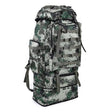 Angled view of a grey and green digital camo pack showing a zipped side pocket