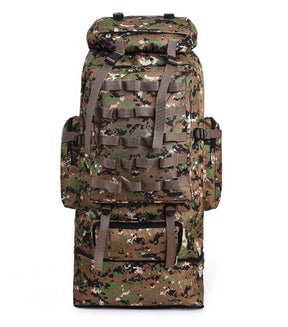 Front view of the brown digital camo pack with front webbing and base compartment