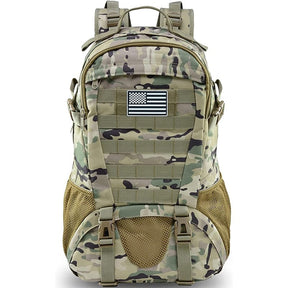 Multicam daypack, front view with ladder webbing and side mesh pockets