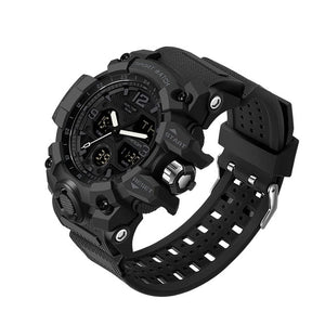 All-black watch at three-quarter angle with blacked-out dial, bezel and strap