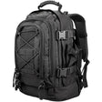 Black expandable backpack, studio front three-quarter view of the MOLLE panel and grab handle