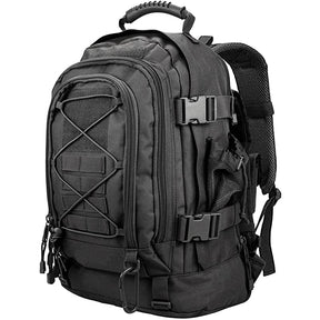 Black expandable backpack, studio front three-quarter view of the MOLLE panel and grab handle
