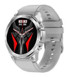 Silver bezel smartwatch on a light grey silicone strap, red graphic watch face