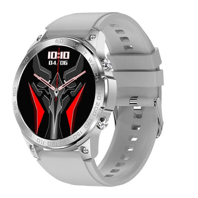 Silver bezel smartwatch on a light grey silicone strap, red graphic watch face