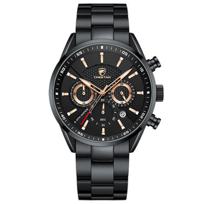 Black Gold colourway front-on: black bracelet, black dial, rose gold hands and markers