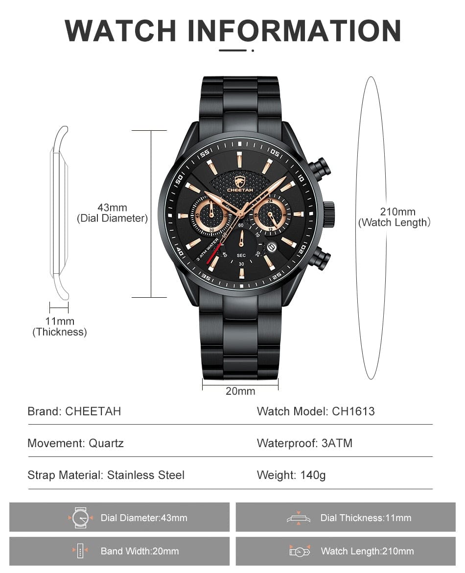 CHEETAH 1613G Casual Sport Chronograph Watch Quartz Watchs  BushLine