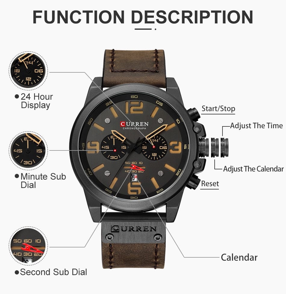 CURREN 8314 Waterproof Sport Watch Genuine Leather Watchs  BushLine