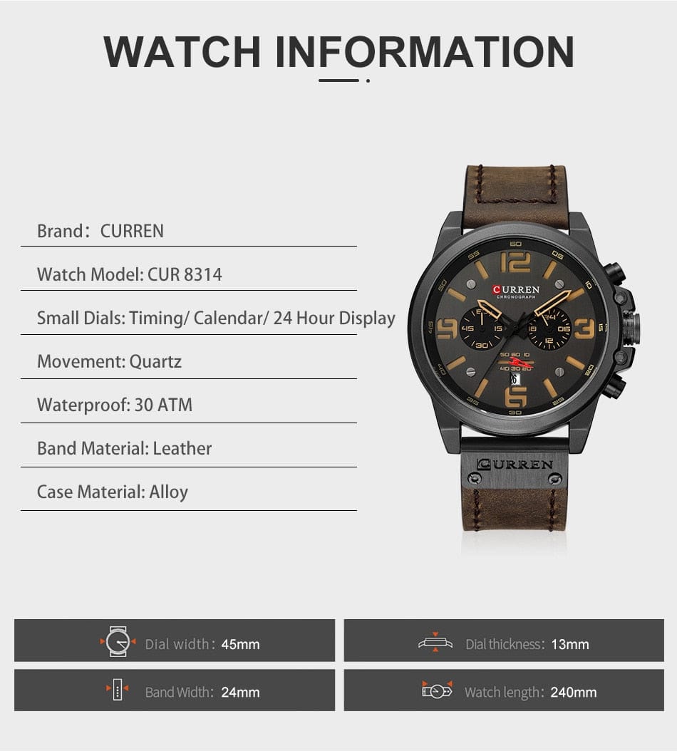 CURREN 8314 Waterproof Sport Watch Genuine Leather Watchs  BushLine