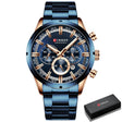 Blue-on-blue CURREN 8355 with rose gold markers, shown beside its black presentation box