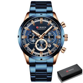 Blue-on-blue CURREN 8355 with rose gold markers, shown beside its black presentation box