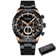 Black dial and black band colourway with rose gold bezel, CURREN box lower right