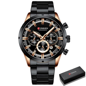 Black dial and black band colourway with rose gold bezel, CURREN box lower right