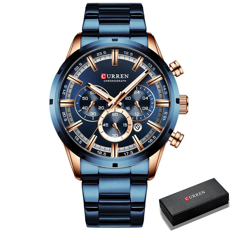 CURREN 8355 Luxury Sports Quartz Waterproof Watchs BushLine Rose Gold Blue