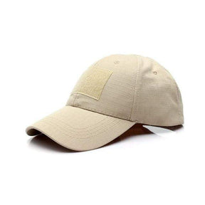 Solid tan ripstop patch cap showing stitched eyelets and loop panel