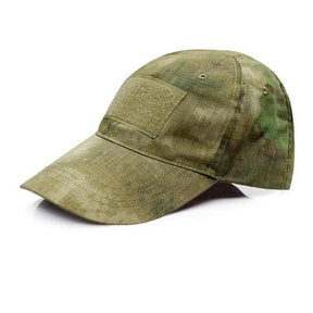 Green blotch camo patch cap, front-left three-quarter view on white