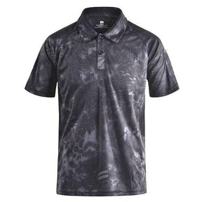 TYP near-black camouflage polo shirt, straight-on front view