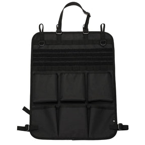 Black panel laid flat, top mounting strap buckled above four webbing loops