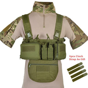 Olive drab chest rig with drop pouch fitted, beside four olive cinch straps
