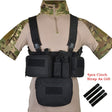 Black chest rig with drop pouch fitted, beside four black cinch straps