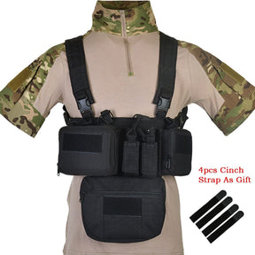 Black chest rig with drop pouch fitted, beside four black cinch straps