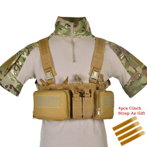 Tan chest rig without drop pouch, worn front on beside four cinch straps