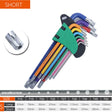 Short arm Torx set in green holder with size table and star tip close up
