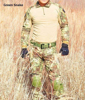 Green Snake camouflage shirt and trousers worn standing in long dry grass
