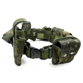 Woodland Camo belt assembled, holster on the left and double magazine pouch on the right