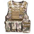CP camouflage vest front view with tan map pouch and three flap pouches