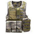 FG camouflage vest in grey and tan tones, front view with olive pouch trim