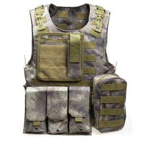 FG camouflage vest in grey and tan tones, front view with olive pouch trim