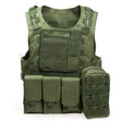 Army green vest front view showing map pouch, torch sleeve and three flap pouches