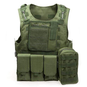 Army green vest front view showing map pouch, torch sleeve and three flap pouches