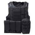 Black vest front view with triple flap pouch row and zipped side bag attached