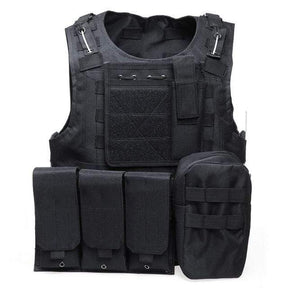 Black vest front view with triple flap pouch row and zipped side bag attached