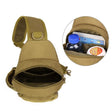 Khaki sling bag with the main compartment unzipped, inset showing a bottle, a tablet and a tin inside
