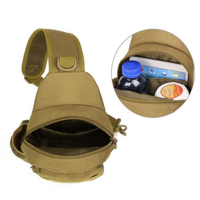 Khaki sling bag with the main compartment unzipped, inset showing a bottle, a tablet and a tin inside