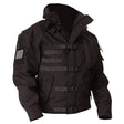 Black tactical jacket front detail, chest ladder webbing, sleeve patch panel and ribbed cuffs.
