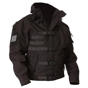 Black tactical jacket front detail, chest ladder webbing, sleeve patch panel and ribbed cuffs.