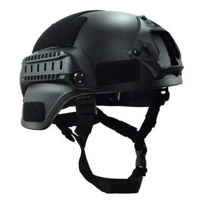 Black MICH 2000 helmet, three-quarter front view showing the textured matt shell finish and side rail