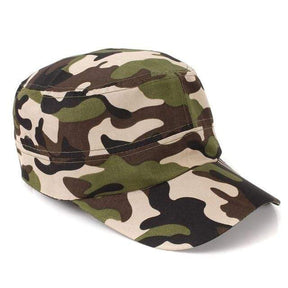 Classic green and tan woodland camouflage flat-top cadet cap, three-quarter left view