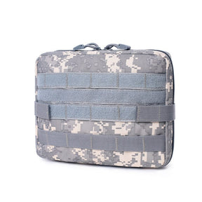 Khaki organiser pouch shown with karabiner hook and bottle holder clip in supplier photo