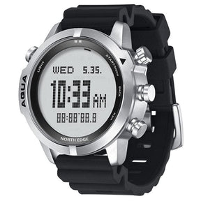 White-dial version of the Aqua watch, angled, on the black silicone strap