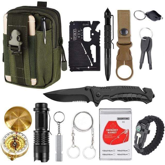 Outdoor Basic Survival Emergency Aid Tool Kits 13 in 1 survival BushLine 13 In 1 Green Tools