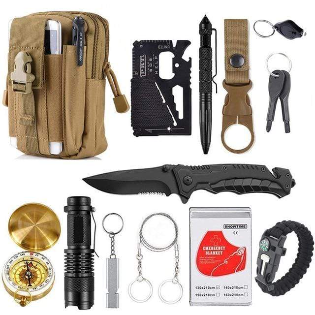 Outdoor Basic Survival Emergency Aid Tool Kits 13 in 1 survival BushLine 13 In 1 Khaki Tools